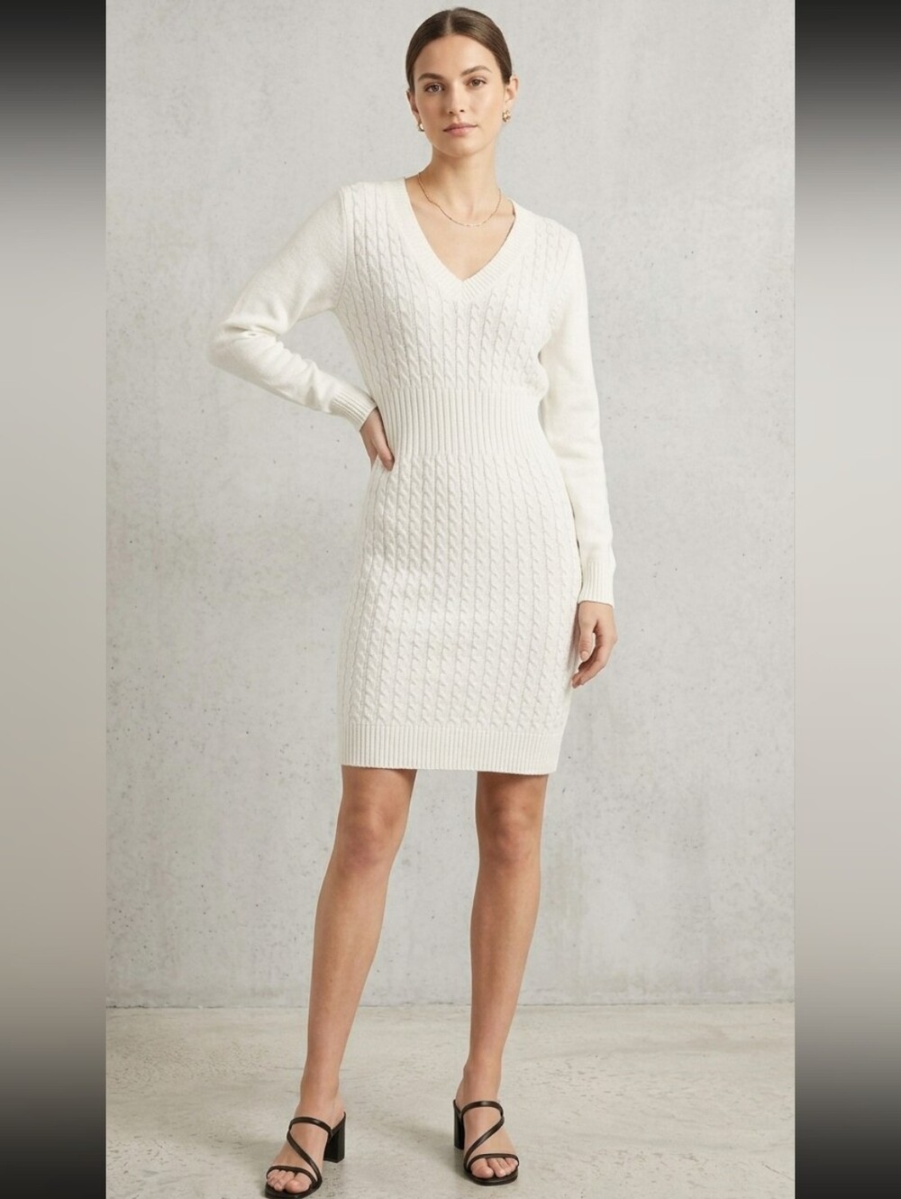 3 For $10 SHEIN White Cable Knit V-Neck Sweater Dress - Long Sleeve